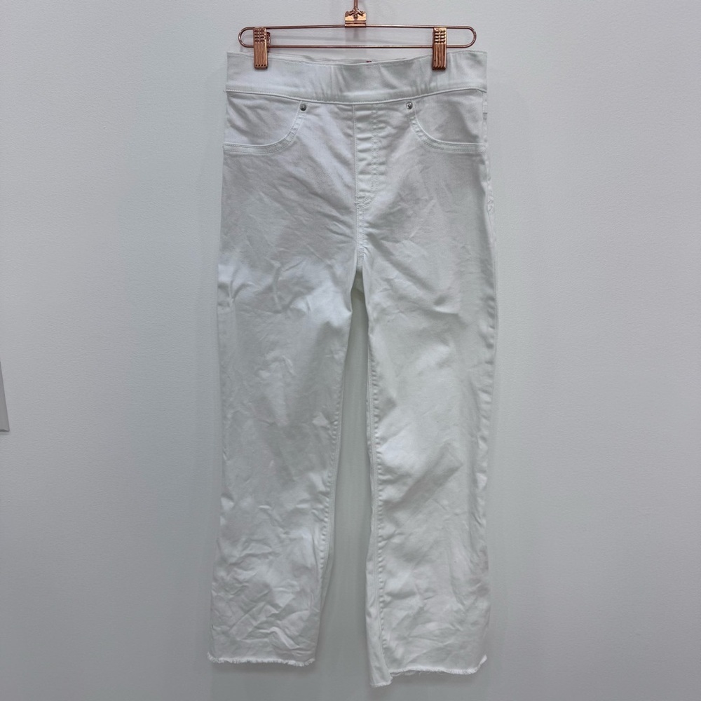 SPANX White Cropped Raw Frayed Hem Pull on Stretch Tummy Control Jeans size Sm